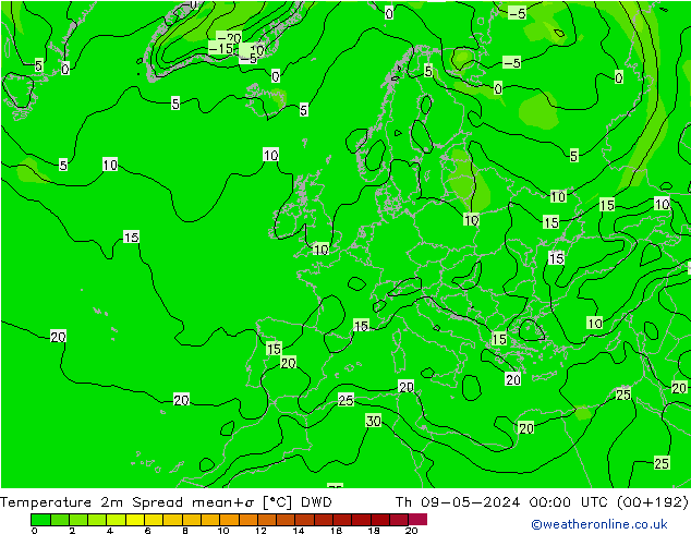 Temperature 2m Spread DWD Čt 09.05.2024 00 UTC