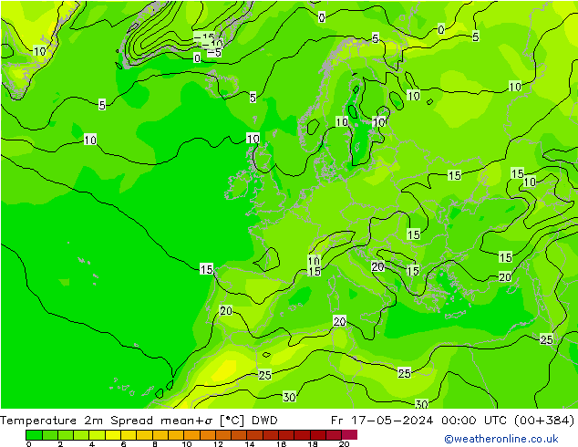 Temperatuurkaart Spread DWD vr 17.05.2024 00 UTC