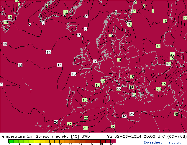 Temperatuurkaart Spread DWD zo 02.06.2024 00 UTC