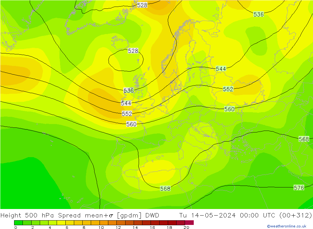 Géop. 500 hPa Spread DWD mar 14.05.2024 00 UTC