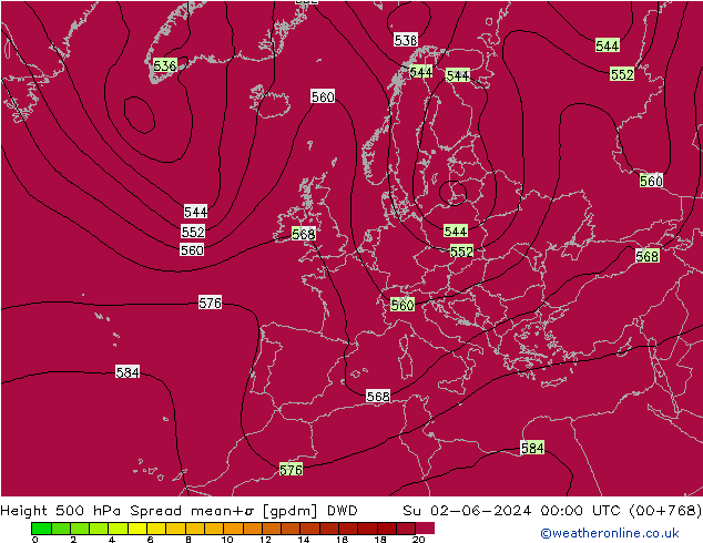 Height 500 hPa Spread DWD Ne 02.06.2024 00 UTC