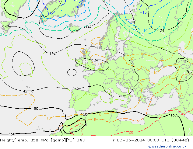 Height/Temp. 850 hPa DWD Pá 03.05.2024 00 UTC