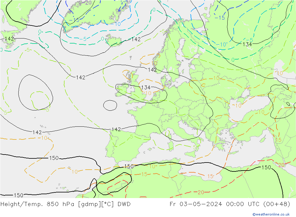Height/Temp. 850 гПа DWD пт 03.05.2024 00 UTC