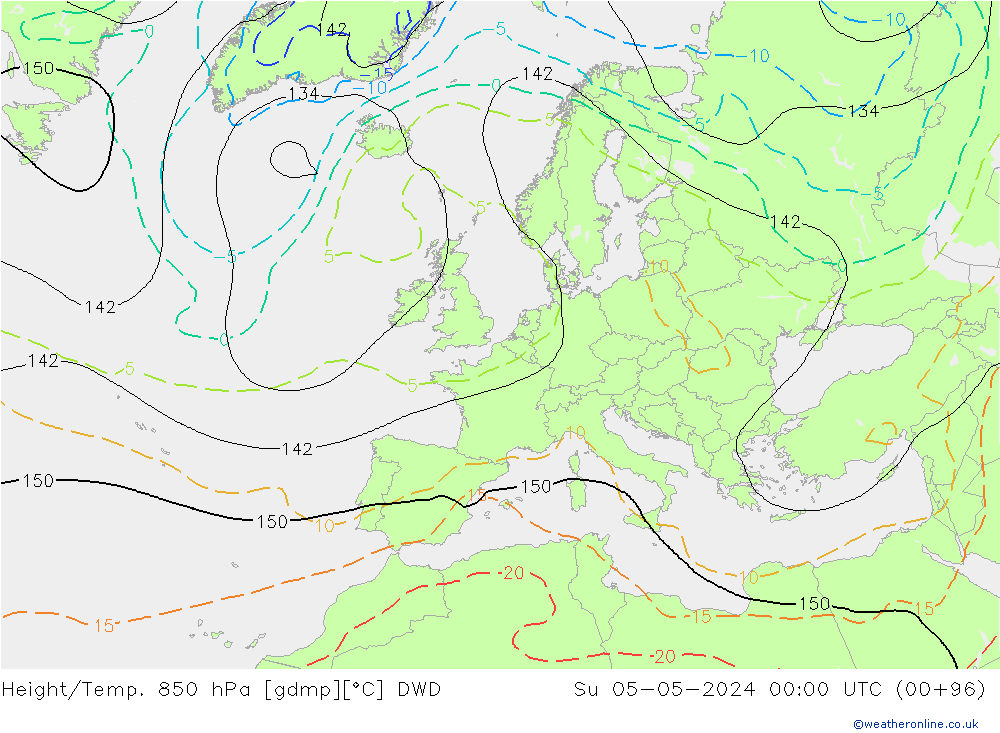 Hoogte/Temp. 850 hPa DWD zo 05.05.2024 00 UTC
