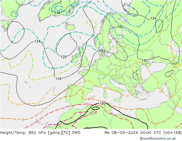 Hoogte/Temp. 850 hPa DWD wo 08.05.2024 00 UTC