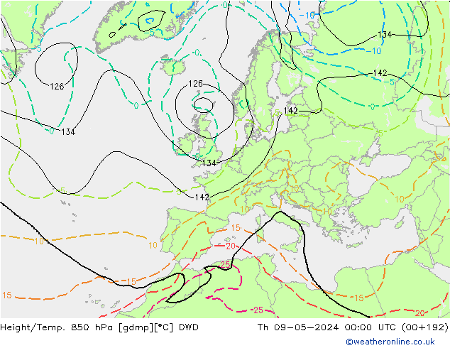 Height/Temp. 850 hPa DWD Th 09.05.2024 00 UTC