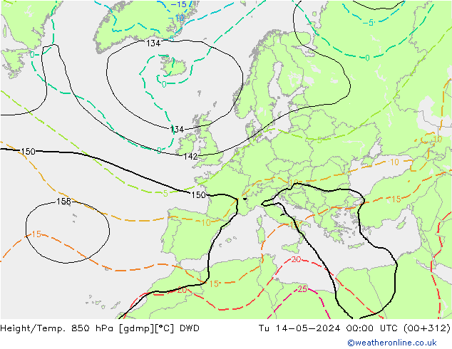 Hoogte/Temp. 850 hPa DWD di 14.05.2024 00 UTC