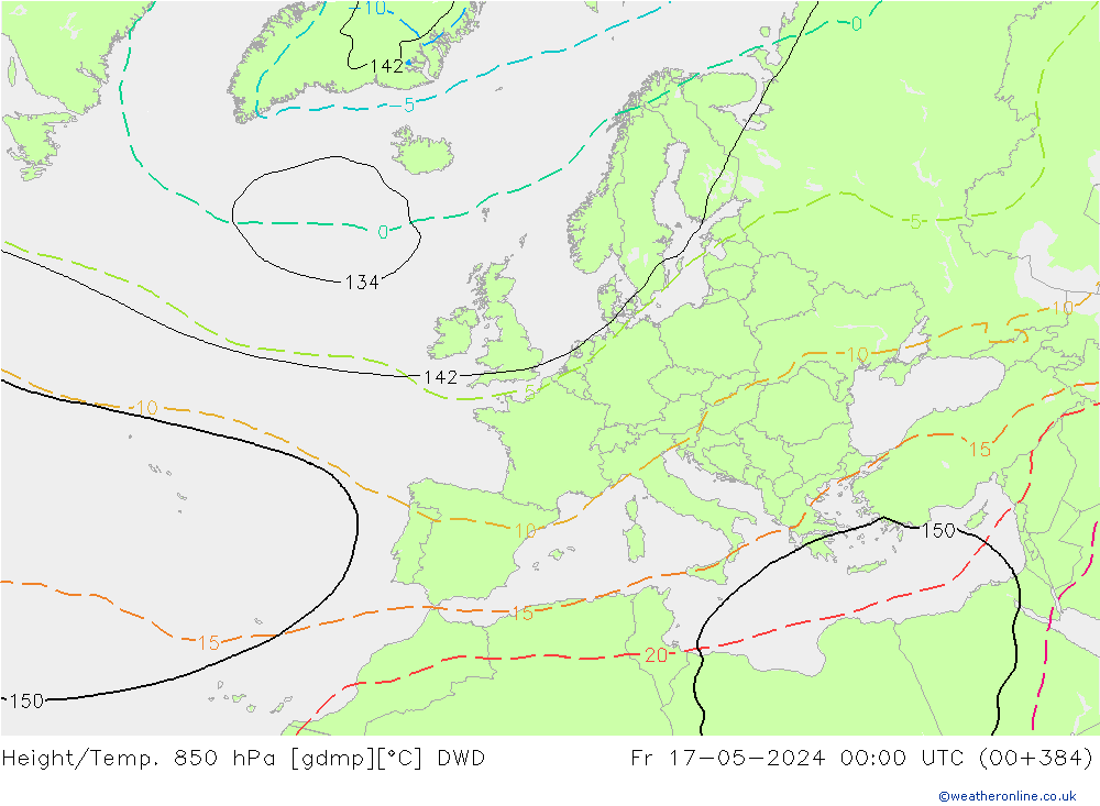 Hoogte/Temp. 850 hPa DWD vr 17.05.2024 00 UTC