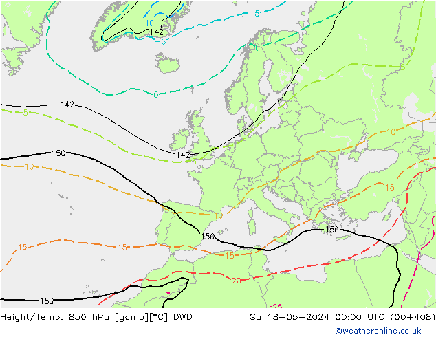 Hoogte/Temp. 850 hPa DWD za 18.05.2024 00 UTC