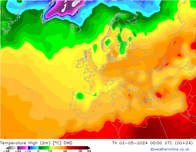 Nejvyšší teplota (2m) DWD Čt 02.05.2024 00 UTC