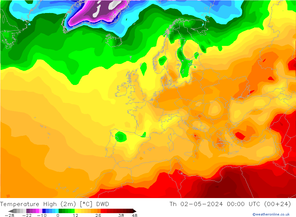 temperatura máx. (2m) DWD Qui 02.05.2024 00 UTC