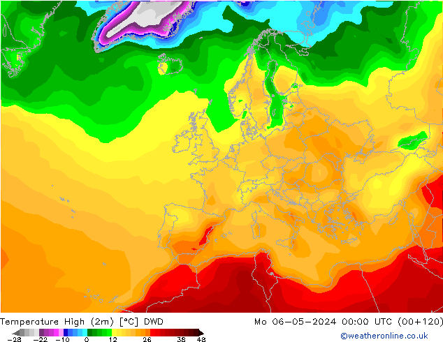 temperatura máx. (2m) DWD Seg 06.05.2024 00 UTC
