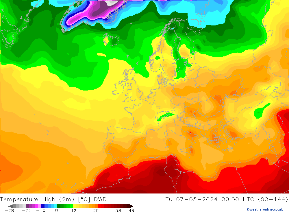 temperatura máx. (2m) DWD Ter 07.05.2024 00 UTC