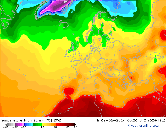 Max.temperatuur (2m) DWD do 09.05.2024 00 UTC