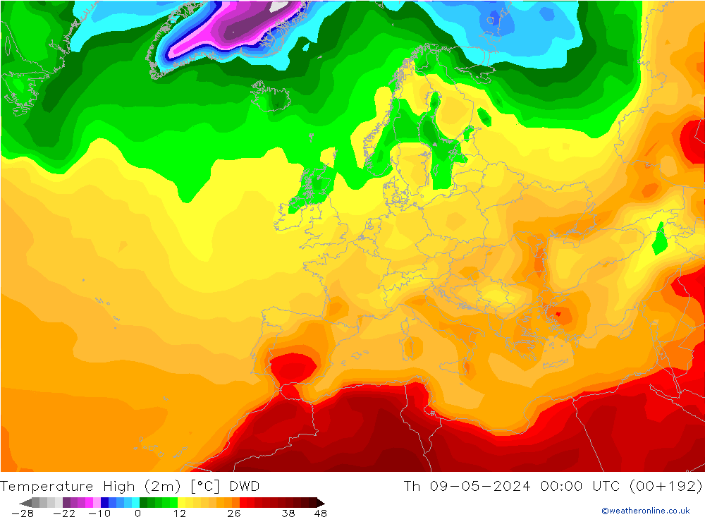 Max.temperatuur (2m) DWD do 09.05.2024 00 UTC