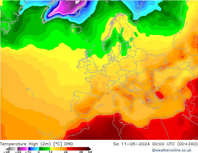 Max.temperatuur (2m) DWD za 11.05.2024 00 UTC