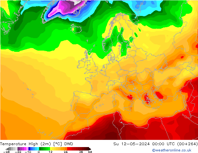 Nejvyšší teplota (2m) DWD Ne 12.05.2024 00 UTC