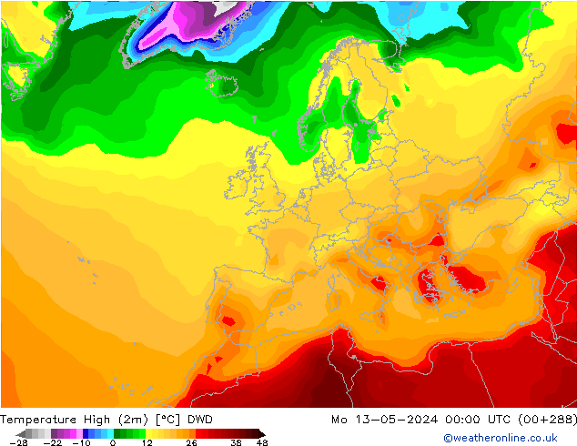 Temperature High (2m) DWD Mo 13.05.2024 00 UTC
