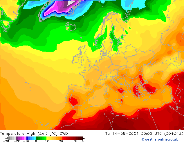 Temperature High (2m) DWD Tu 14.05.2024 00 UTC