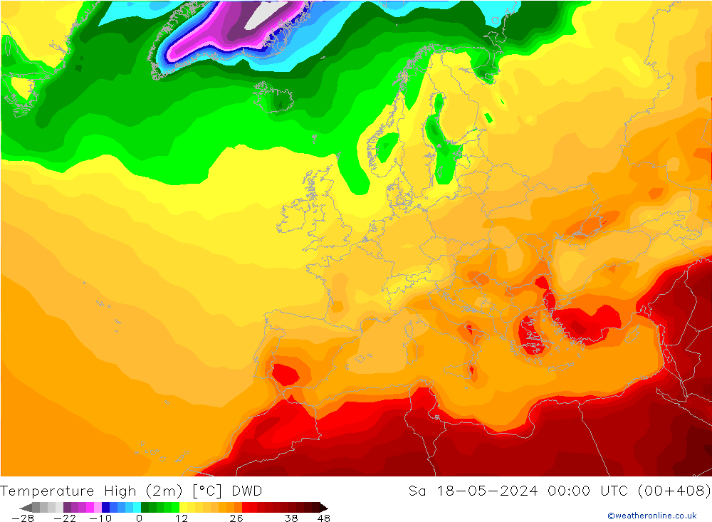 Max.temperatuur (2m) DWD za 18.05.2024 00 UTC