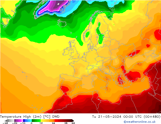 Max.temperatuur (2m) DWD di 21.05.2024 00 UTC