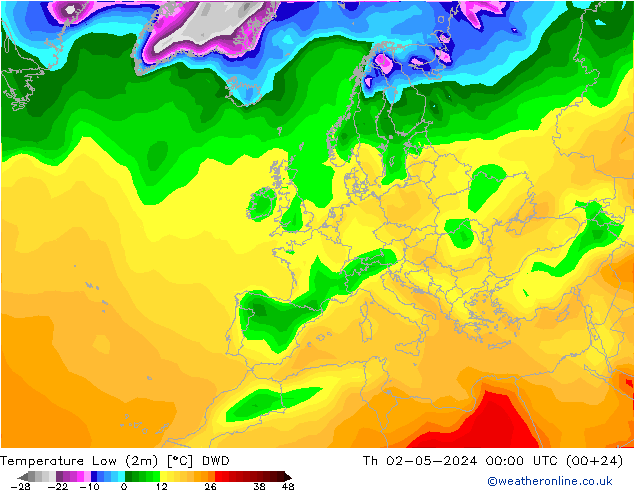 Temperature Low (2m) DWD 星期四 02.05.2024 00 UTC