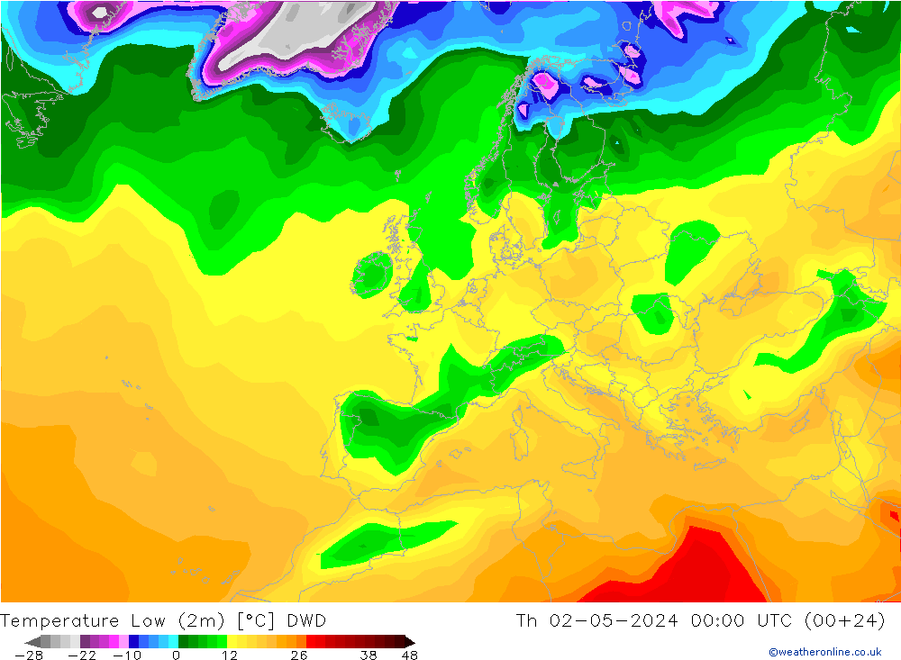 Nejnižší teplota (2m) DWD Čt 02.05.2024 00 UTC