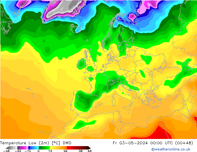 Nejnižší teplota (2m) DWD Pá 03.05.2024 00 UTC