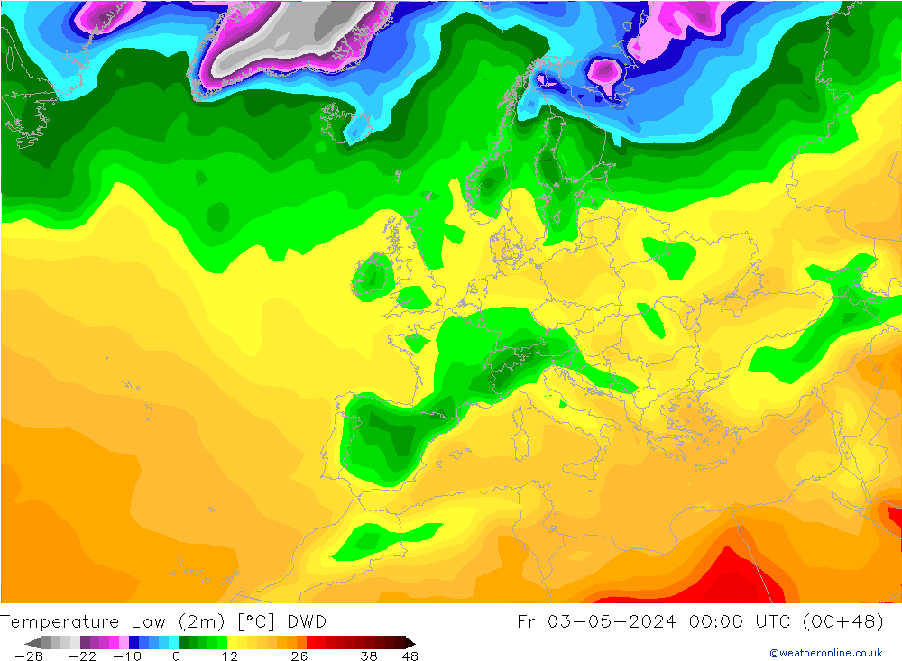 Nejnižší teplota (2m) DWD Pá 03.05.2024 00 UTC