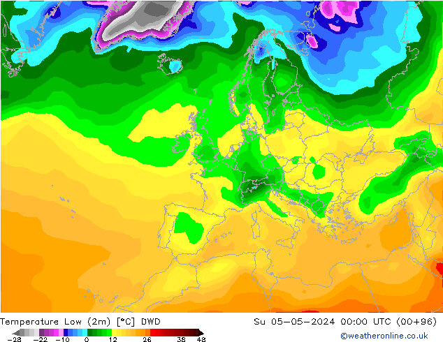 Nejnižší teplota (2m) DWD Ne 05.05.2024 00 UTC