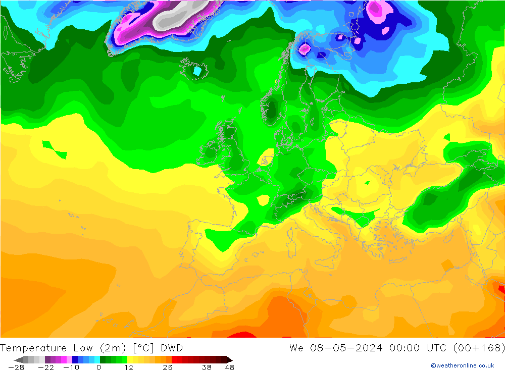 Nejnižší teplota (2m) DWD St 08.05.2024 00 UTC