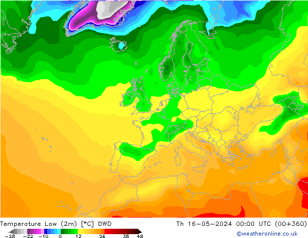 Nejnižší teplota (2m) DWD Čt 16.05.2024 00 UTC