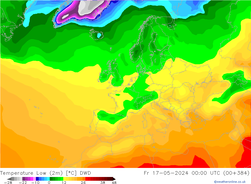 Temp. minima (2m) DWD ven 17.05.2024 00 UTC