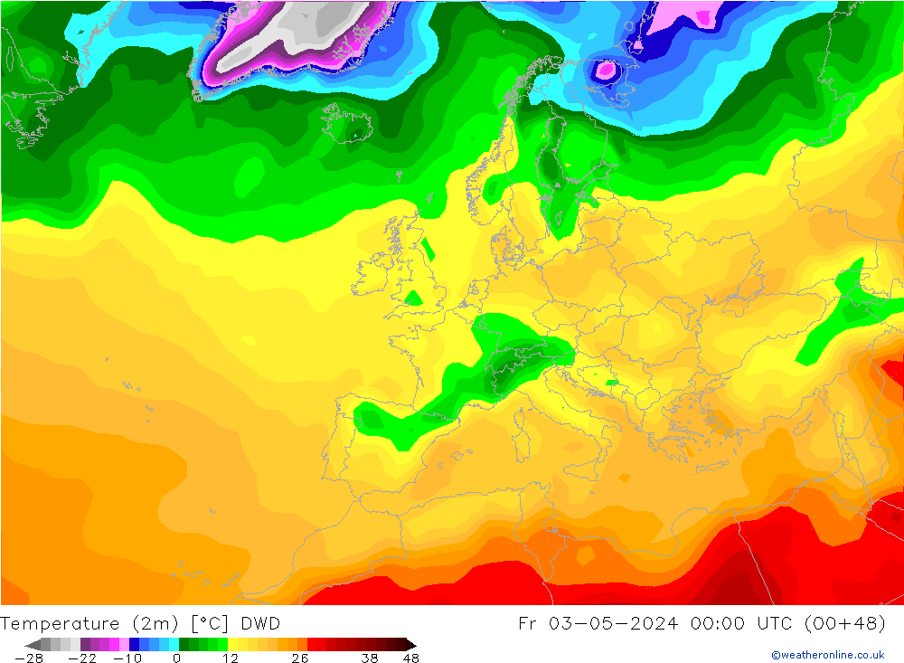 Temperatuurkaart (2m) DWD vr 03.05.2024 00 UTC