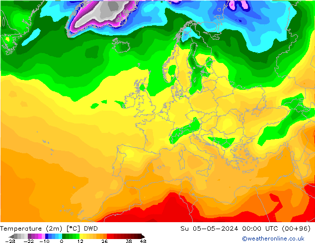 Temperatuurkaart (2m) DWD zo 05.05.2024 00 UTC