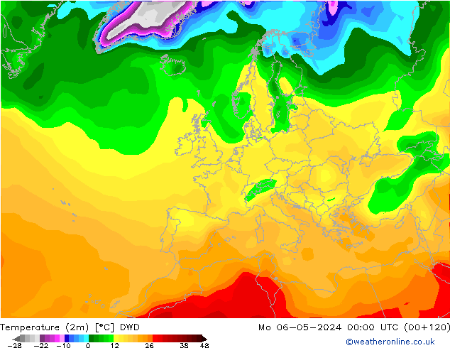 Temperatuurkaart (2m) DWD ma 06.05.2024 00 UTC