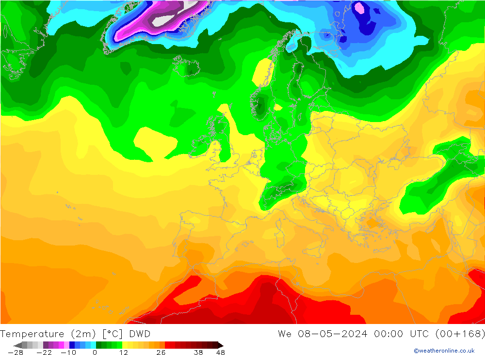 Temperaturkarte (2m) DWD Mi 08.05.2024 00 UTC