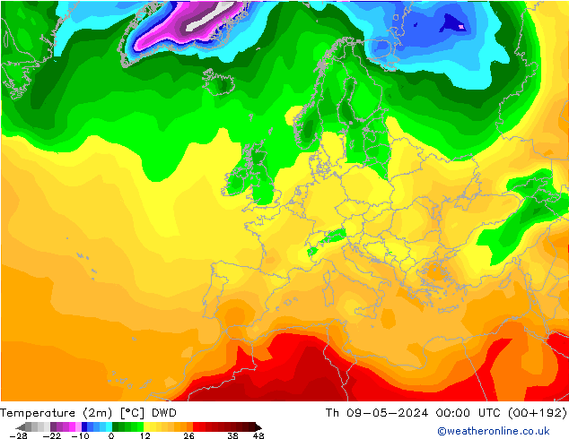 Temperatuurkaart (2m) DWD do 09.05.2024 00 UTC