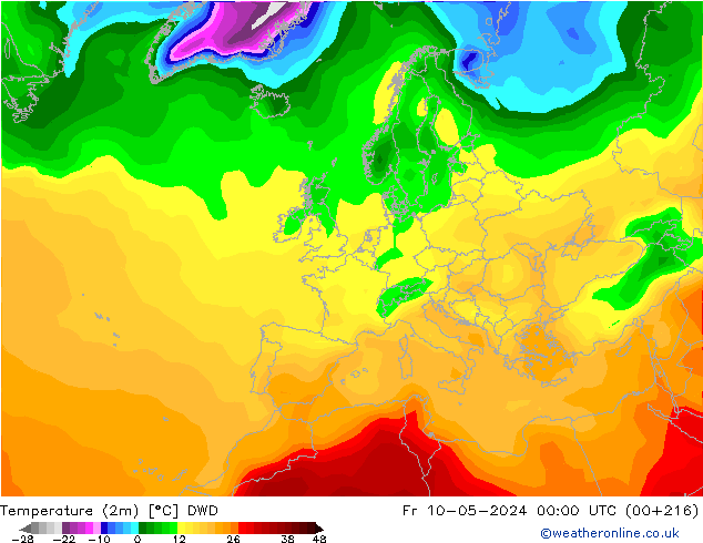 Temperaturkarte (2m) DWD Fr 10.05.2024 00 UTC