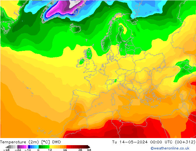Temperatuurkaart (2m) DWD di 14.05.2024 00 UTC