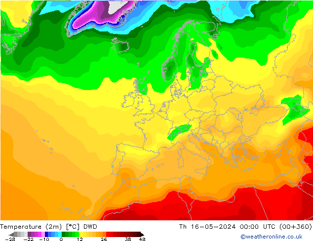Temperatuurkaart (2m) DWD do 16.05.2024 00 UTC