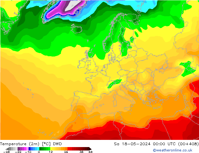 Temperatuurkaart (2m) DWD za 18.05.2024 00 UTC