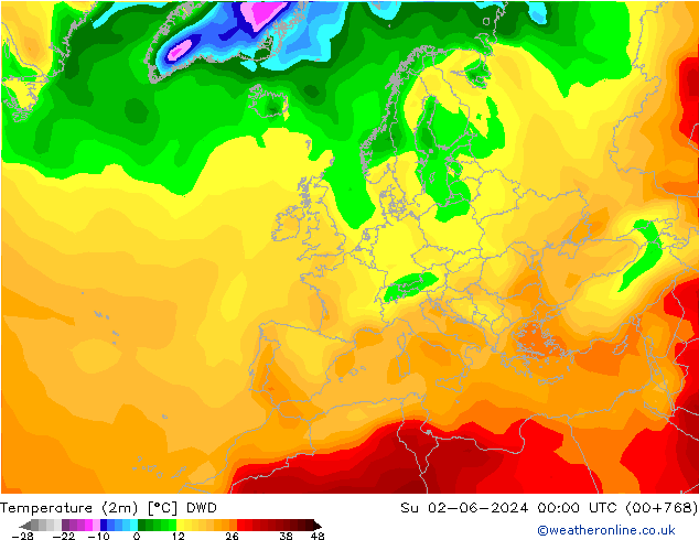 température (2m) DWD dim 02.06.2024 00 UTC