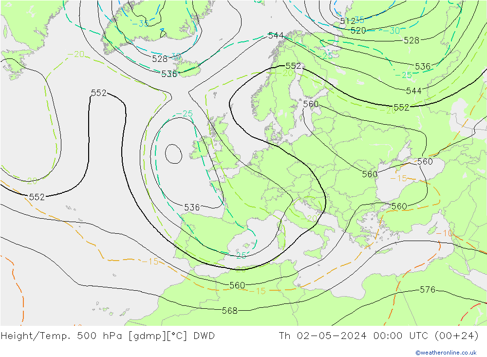 Height/Temp. 500 hPa DWD 星期四 02.05.2024 00 UTC