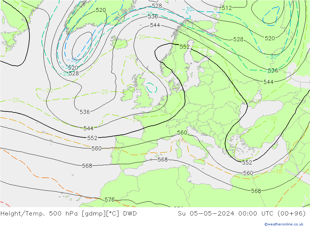 Hoogte/Temp. 500 hPa DWD zo 05.05.2024 00 UTC