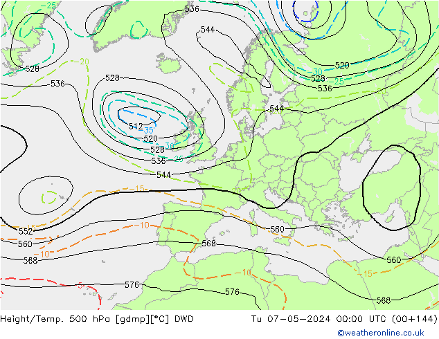 Hoogte/Temp. 500 hPa DWD di 07.05.2024 00 UTC