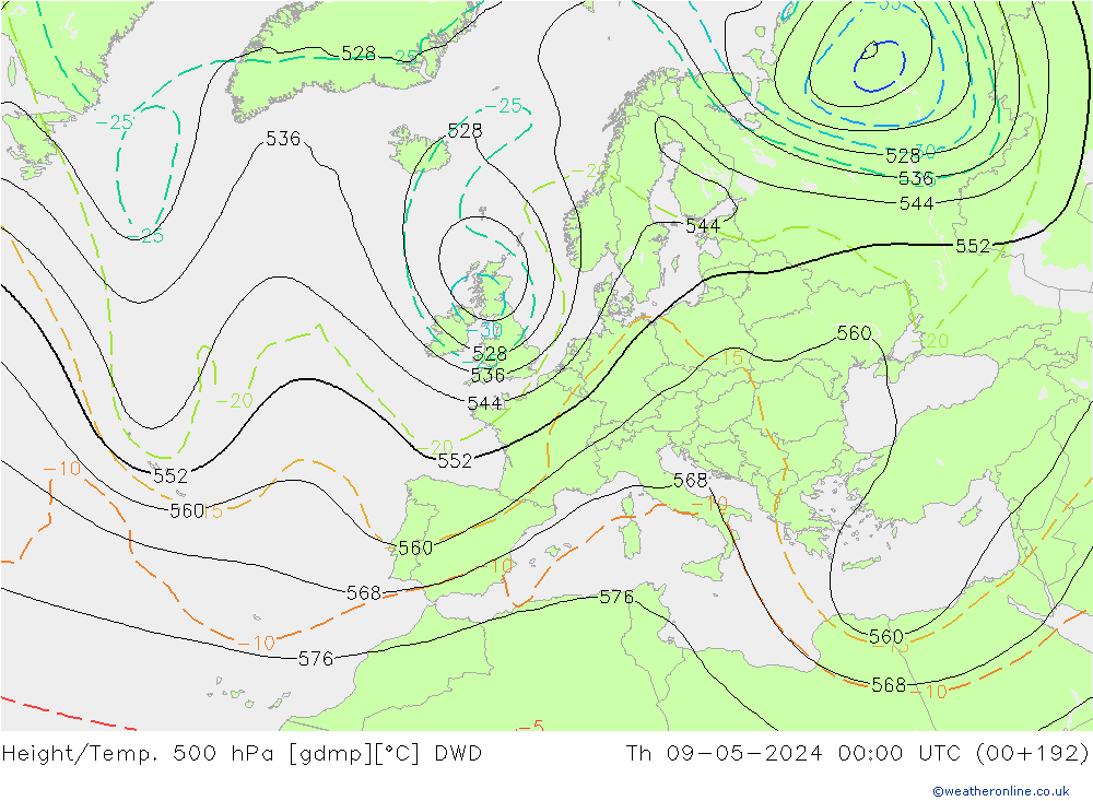 Yükseklik/Sıc. 500 hPa DWD Per 09.05.2024 00 UTC
