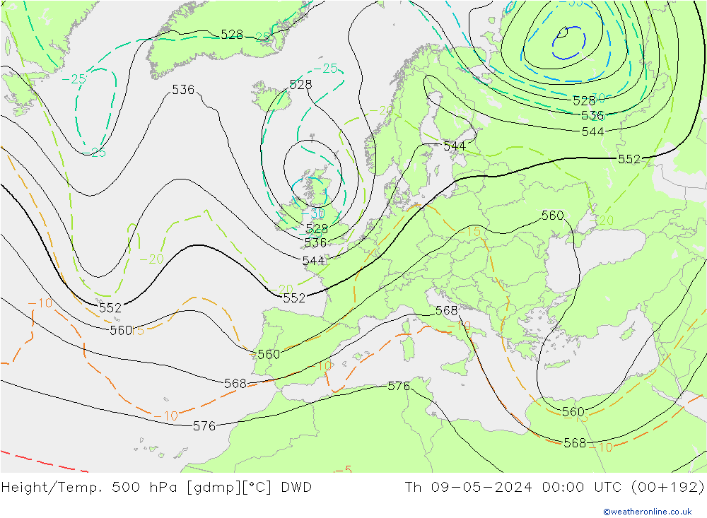 Height/Temp. 500 hPa DWD Th 09.05.2024 00 UTC