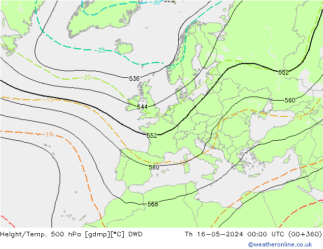 Height/Temp. 500 hPa DWD czw. 16.05.2024 00 UTC