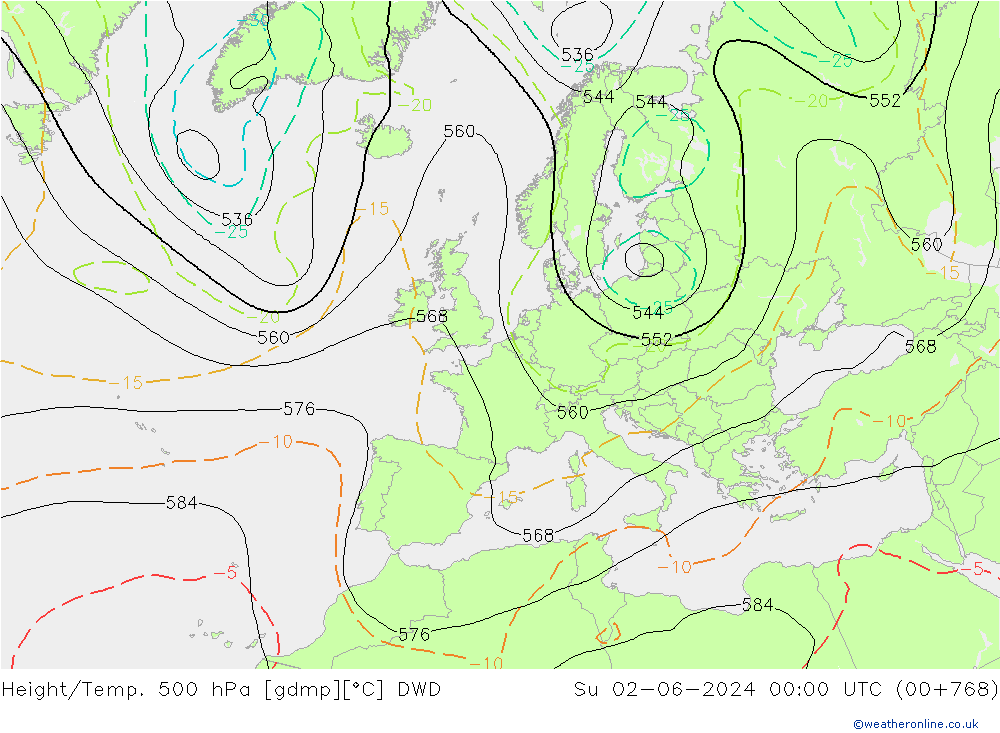 Yükseklik/Sıc. 500 hPa DWD Paz 02.06.2024 00 UTC